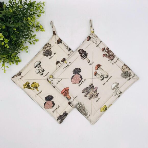 2 Square Potholders, Neutral Mushrooms, Cottage Core Kitchen 7x7 Inches - Picture 1 of 4